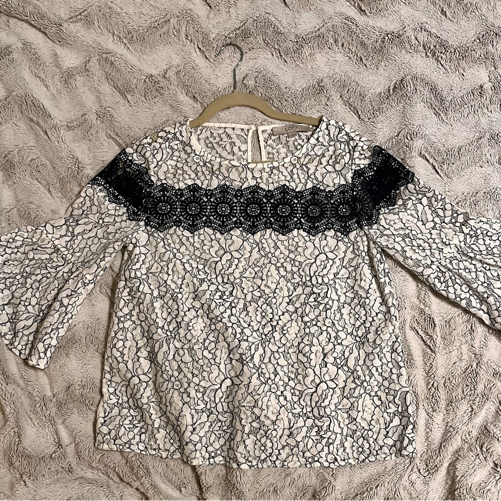 Ann Taylor Loft, Lace Quarter Sleeve, Black and White, Size XS